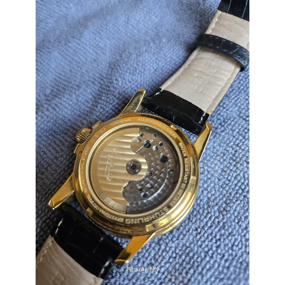 Stuhrling Mens Watch Automatic Dual Time Skeleton Leather ST9S001 40 Jewels